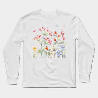 Pretty watercolor flowers and dragonfly Long Sleeve T-Shirt